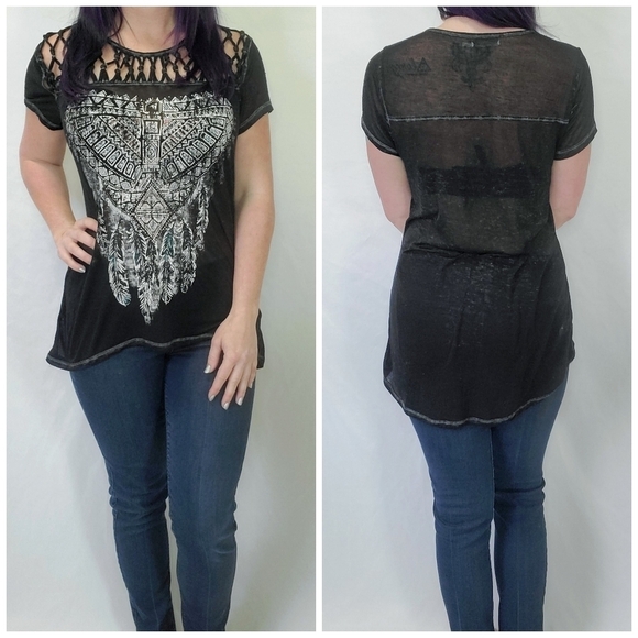 Maurices Tops - Maurices Semi-Sheer Black Dreamcatcher Graphic High Low Short Sleeve Top